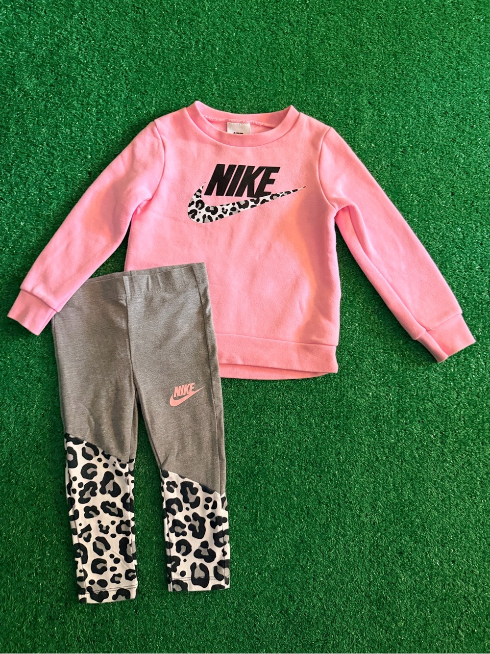 Nike Pink Sweatshirt and Gray Leggings Set with Leopard Print